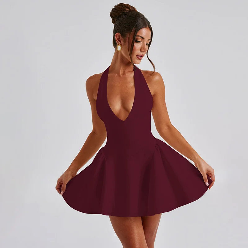Deep V Neck Backless Sexy Mini Dress for Women Elegant Halter Sleeveless High Waist A-Line Pleated Club Party Dress