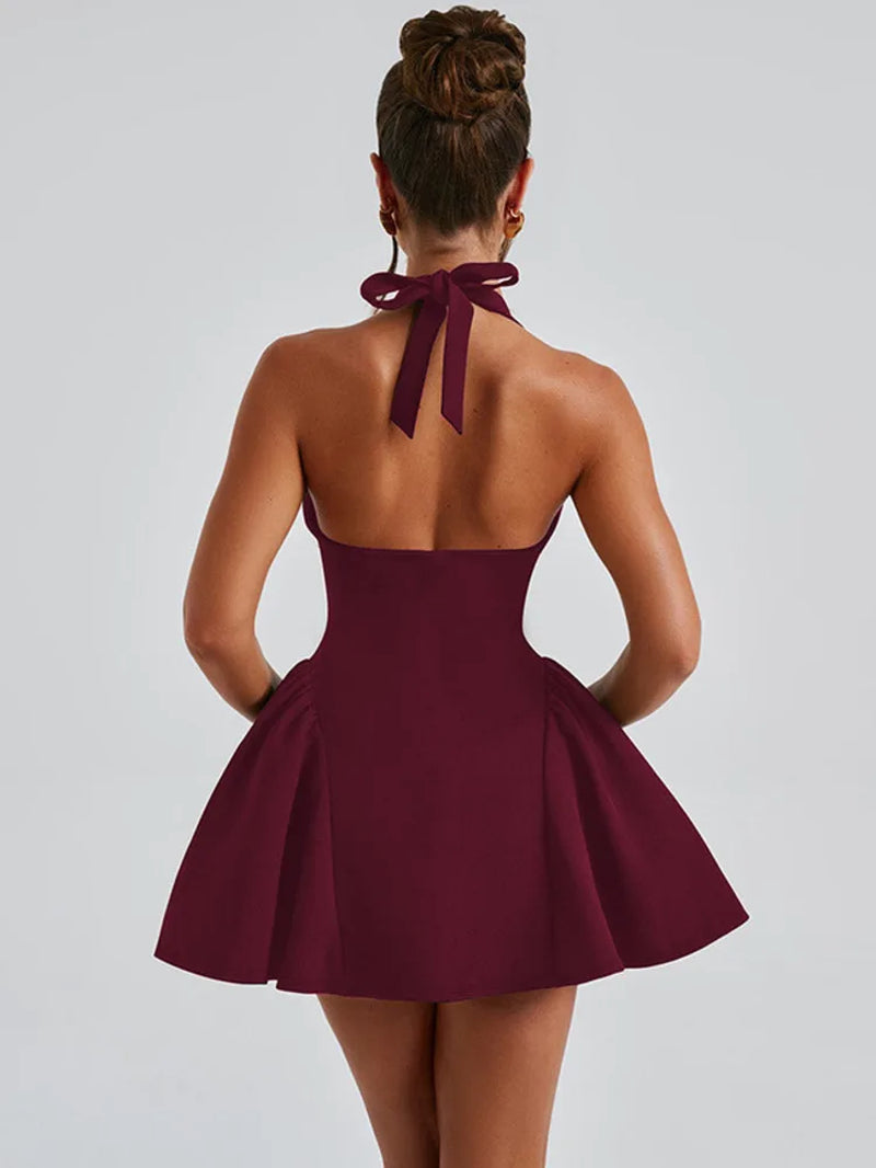 Deep V Neck Backless Sexy Mini Dress for Women Elegant Halter Sleeveless High Waist A-Line Pleated Club Party Dress