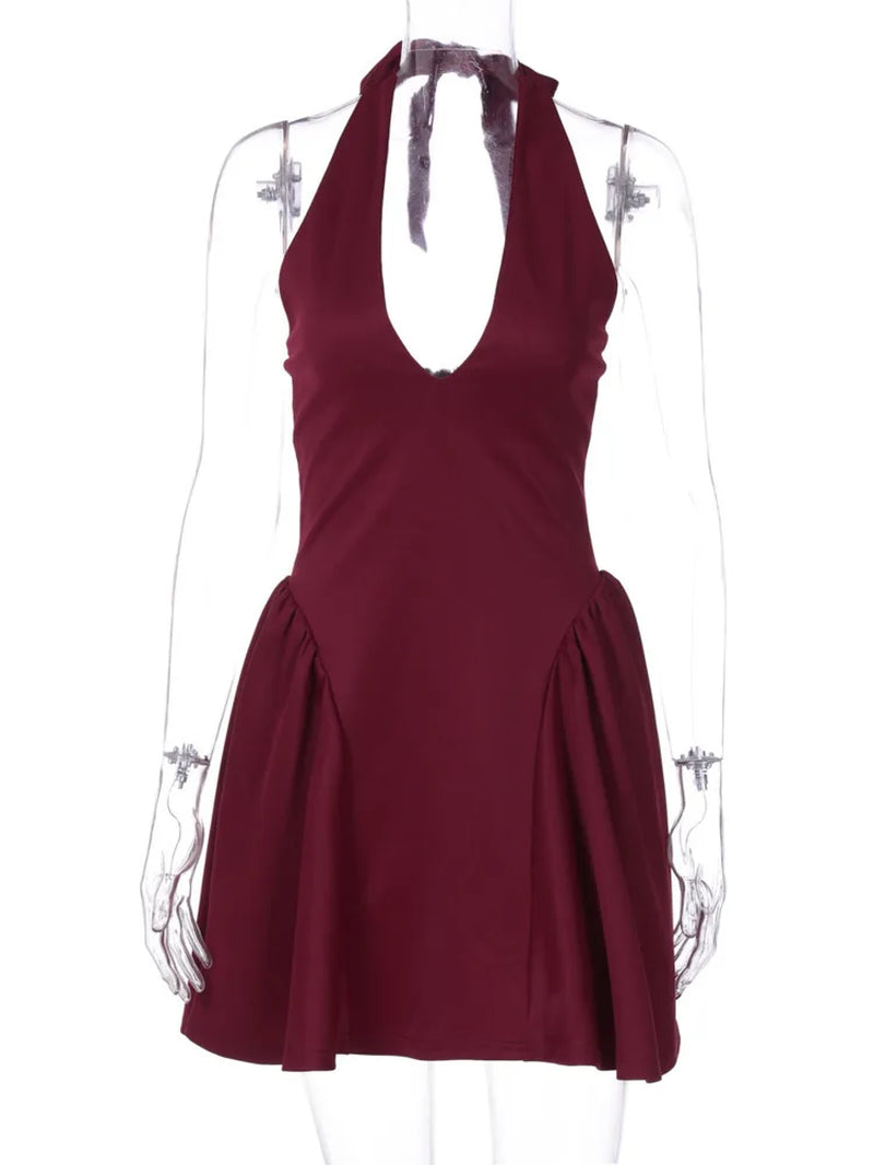 Deep V Neck Backless Sexy Mini Dress for Women Elegant Halter Sleeveless High Waist A-Line Pleated Club Party Dress