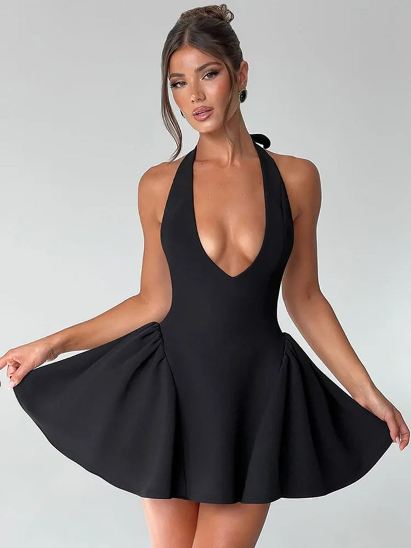 Deep V Neck Backless Sexy Mini Dress for Women Elegant Halter Sleeveless High Waist A-Line Pleated Club Party Dress