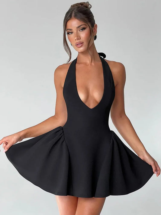 Deep V Neck Backless Sexy Mini Dress for Women Elegant Halter Sleeveless High Waist A-Line Pleated Club Party Dress
