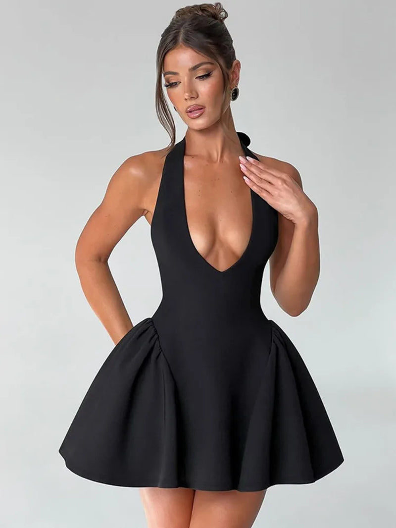 Deep V Neck Backless Sexy Mini Dress for Women Elegant Halter Sleeveless High Waist A-Line Pleated Club Party Dress